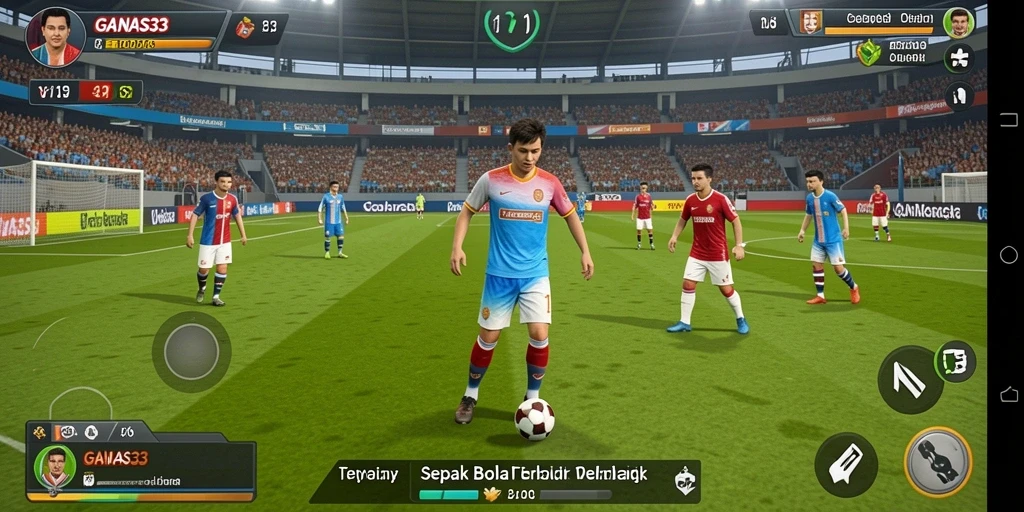 Tangkapan layar gameplay <strong>GANAS33</strong> yang menampilkan aksi sepak bola seru.