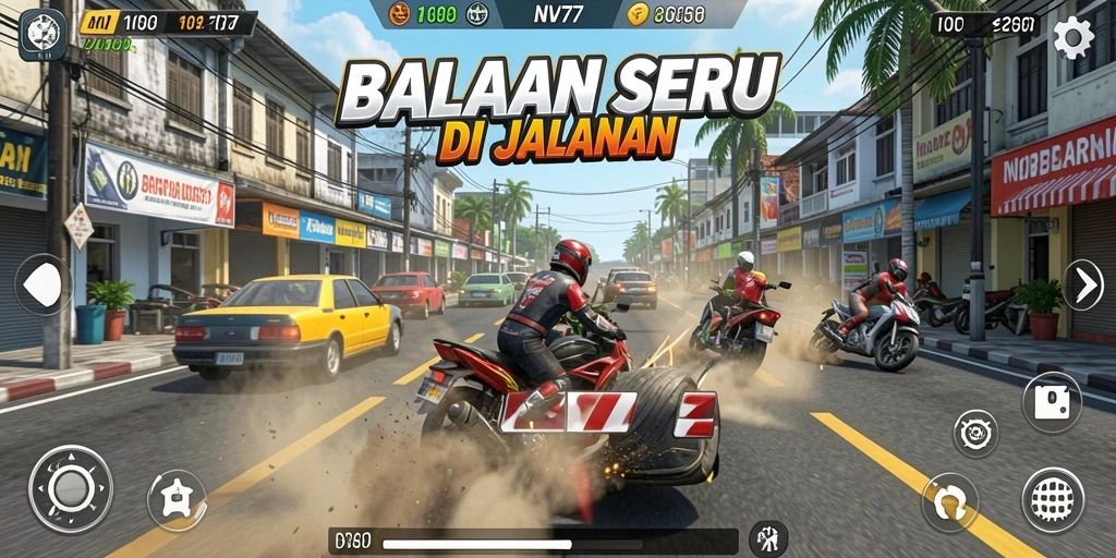 Tampilan gameplay NV77 yang menegangkan saat balapan di lintasan.