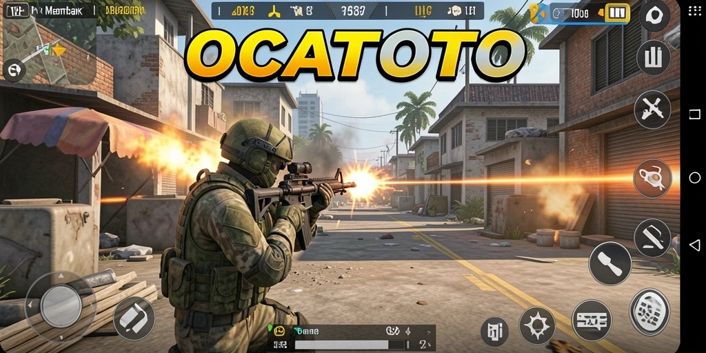Tampilan gameplay seru <strong>OCATOTO</strong> dengan aksi tembak-menembak yang mendebarkan.