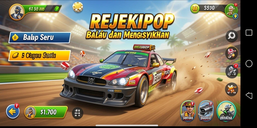 Tampilan gameplay seru dari REJEKIPOP dengan variasi trek balapan.
