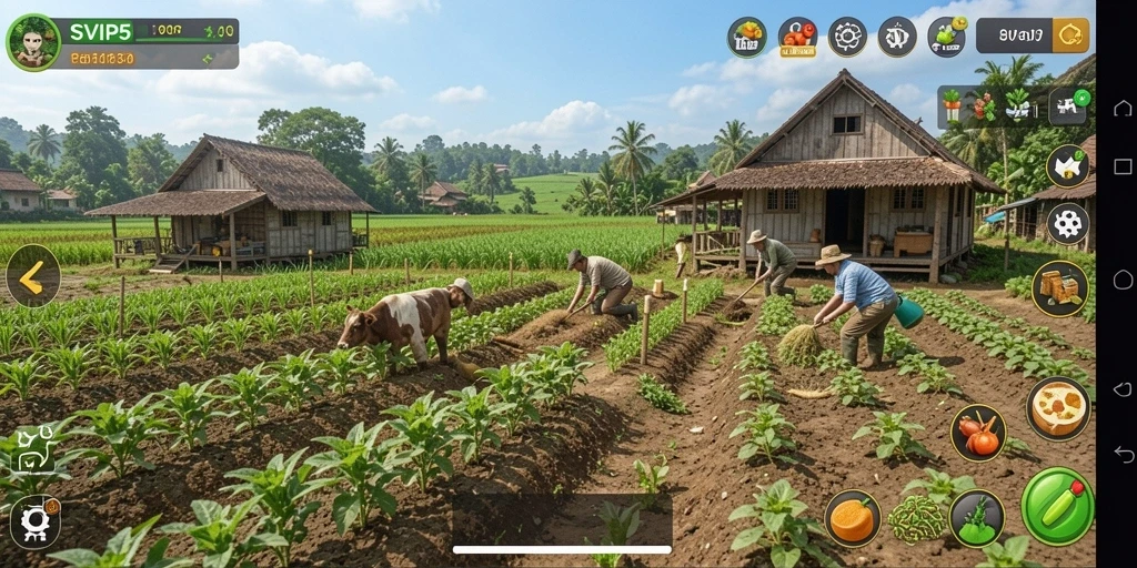 Tangkapan layar gameplay SVIP5 menampilkan aktivitas bertani yang seru.